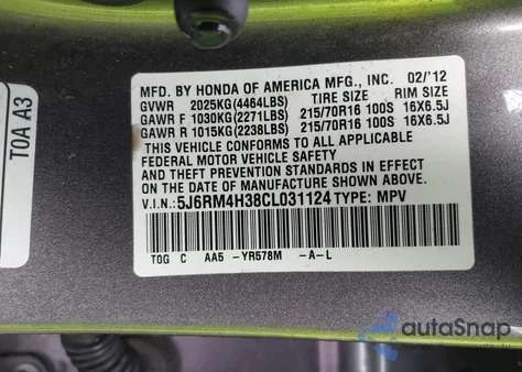 2012 Honda Cr-V Lx from USA, damaged, VIN 5J6RM4H38CL031124